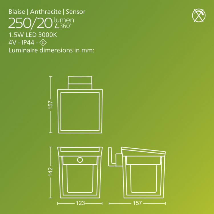 Philips Blaise Vägglampa Solcell LED 250/20lm Svart Philips Blaise Vägglampa Solcell LED 250/20lm Svart