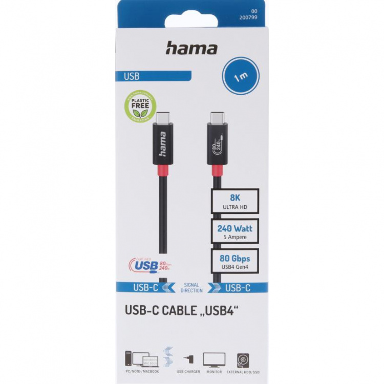 Hama Kabel USB-C USB 4.0 Gen4 80 Gbit/S 240W 1.0M Sort
