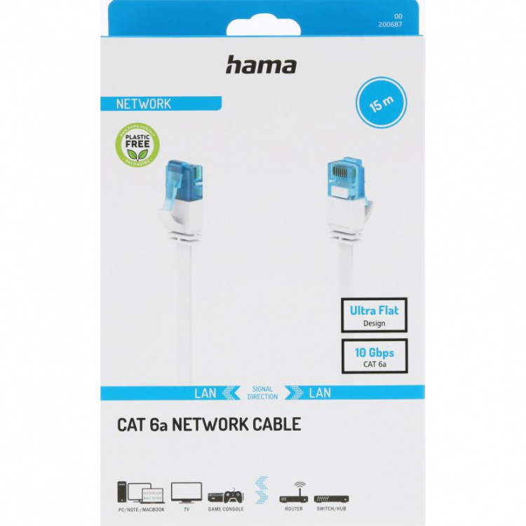 Hama Netværkskabel Cat6A 10Gbit/S U/Utp Flad Hvid 15m