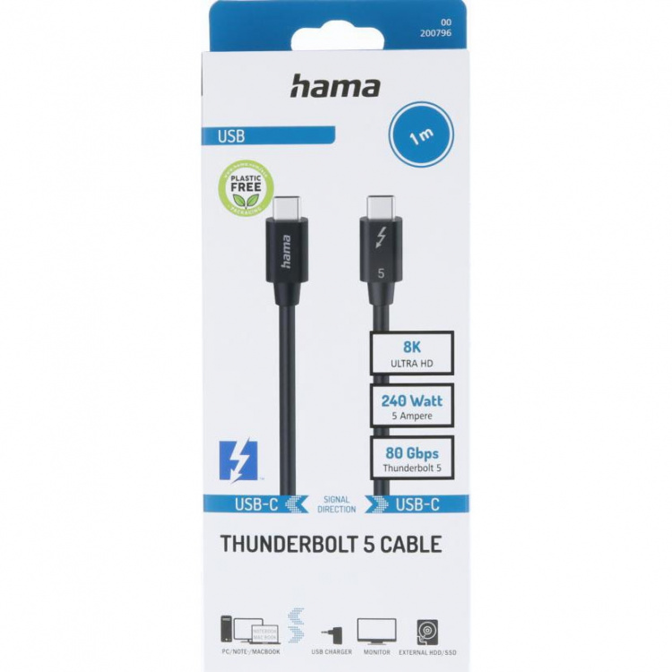 Hama Kabel USB-C Thunderbolt 5 80 Gbit/S Ultra-Hd 8K 1.0M Sort