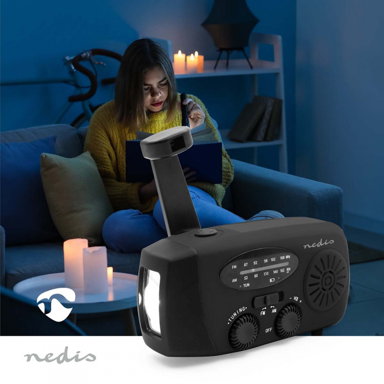 Nedis Nødradio | Borddesign | AM / FM | Powerbank funktion | Accu drevet / Håndsving / USB Drevet | Sort Nedis Nødradio | Borddesign | AM / FM | Powerbank funktion | Accu drevet / Håndsving / USB Drevet | Sort
