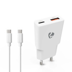 Nedis Vægoplader | 20 W | GaN | PD3.0 | Hurtigopladningsfunktion | 1.5 / 2.0 / 2.22 A / 3.0 A | Antal output: 2 | USB-A / USB-C™ | USB-C™ (Løs) kabel | 1.50 m | Automatisk Valgt Spænding | Hvid