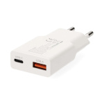 Nedis Vægoplader | 20 W | GaN | PD3.0 | Hurtigopladningsfunktion | 1.5 / 2.0 / 2.22 A / 3.0 A | Antal output: 2 | USB-A / USB-C™ | USB-C™ (Løs) kabel | 1.50 m | Automatisk Valgt Spænding | Hvid