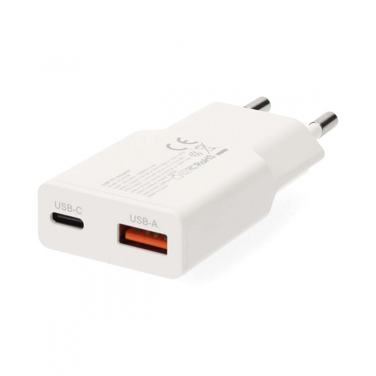 Nedis Vægoplader | 20 W | GaN | PD3.0 | Hurtigopladningsfunktion | 1.5 / 2.0 / 2.22 A / 3.0 A | Antal output: 2 | USB-A / USB-C™ | USB-C™ (Løs) kabel | 1.50 m | Automatisk Valgt Spænding | Hvid