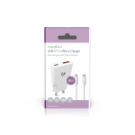 Nedis Vægoplader | 20 W | GaN | PD3.0 | Hurtigopladningsfunktion | 1.5 / 2.0 / 2.22 A / 3.0 A | Antal output: 2 | USB-A / USB-C™ | USB-C™ (Løs) kabel | 1.50 m | Automatisk Valgt Spænding | Hvid
