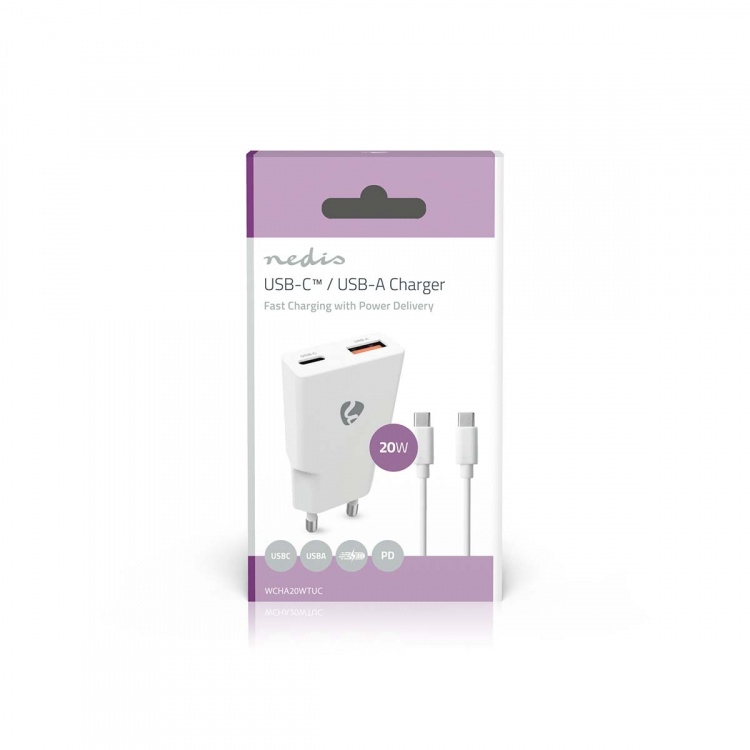 Nedis Vægoplader | 20 W | GaN | PD3.0 | Hurtigopladningsfunktion | 1.5 / 2.0 / 2.22 A / 3.0 A | Antal output: 2 | USB-A / USB-C™ | USB-C™ (Løs) kabel | 1.50 m | Automatisk Valgt Spænding | Hvid