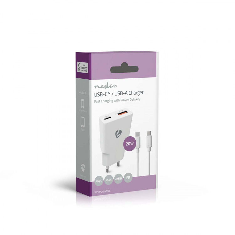 Nedis Vægoplader | 20 W | GaN | PD3.0 | Hurtigopladningsfunktion | 1.5 / 2.0 / 2.22 A / 3.0 A | Antal output: 2 | USB-A / USB-C™ | USB-C™ (Løs) kabel | 1.50 m | Automatisk Valgt Spænding | Hvid