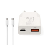 Nedis Vægoplader | 30 W | GaN | PD3.0 30W | Hurtigopladningsfunktion | 1.5 / 2.0 / 2.5 / 3.0 A | Antal output: 2 | USB-A / USB-C™ | USB-C™ (Løs) kabel | 1.50 m | Automatisk Valgt Spænding | Hvid