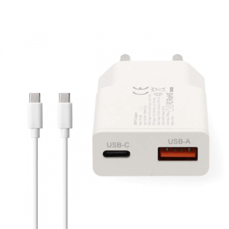 Nedis Vægoplader | 30 W | GaN | PD3.0 30W | Hurtigopladningsfunktion | 1.5 / 2.0 / 2.5 / 3.0 A | Antal output: 2 | USB-A / USB-C™ | USB-C™ (Løs) kabel | 1.50 m | Automatisk Valgt Spænding | Hvid