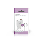 Nedis Vægoplader | 30 W | GaN | PD3.0 30W | Hurtigopladningsfunktion | 1.5 / 2.0 / 2.5 / 3.0 A | Antal output: 2 | USB-A / USB-C™ | USB-C™ (Løs) kabel | 1.50 m | Automatisk Valgt Spænding | Hvid