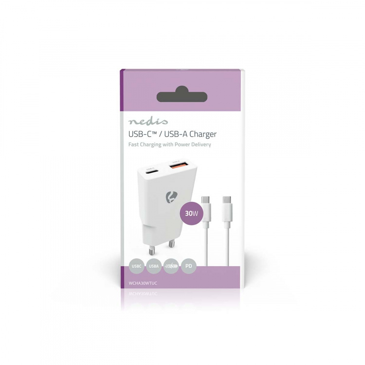 Nedis Vægoplader | 30 W | GaN | PD3.0 30W | Hurtigopladningsfunktion | 1.5 / 2.0 / 2.5 / 3.0 A | Antal output: 2 | USB-A / USB-C™ | USB-C™ (Løs) kabel | 1.50 m | Automatisk Valgt Spænding | Hvid