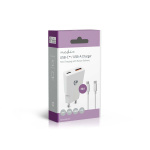 Nedis Vægoplader | 30 W | GaN | PD3.0 30W | Hurtigopladningsfunktion | 1.5 / 2.0 / 2.5 / 3.0 A | Antal output: 2 | USB-A / USB-C™ | USB-C™ (Løs) kabel | 1.50 m | Automatisk Valgt Spænding | Hvid
