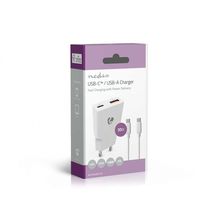 Nedis Vægoplader | 30 W | GaN | PD3.0 30W | Hurtigopladningsfunktion | 1.5 / 2.0 / 2.5 / 3.0 A | Antal output: 2 | USB-A / USB-C™ | USB-C™ (Løs) kabel | 1.50 m | Automatisk Valgt Spænding | Hvid