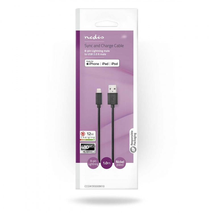 Nedis Lightning Kabel | USB 2.0 | Apple Lightning 8-pin | USB-A Han | 480 Mbps | Nikkelplateret | 1.00 m | Runde | PVC | Sort | Box