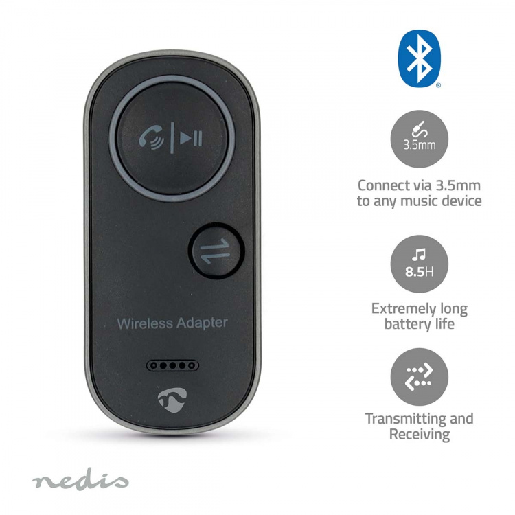 Nedis Bluetooth® Transmitter | Indgang til lyd- / video- / dataforbindelser: USB-C™ Female | Audio / video / dataforbindelser output: 1x 3.5 mm | SBC | Op til 1 enhed | Maksimal batteritid: 8.5 timer | Sort