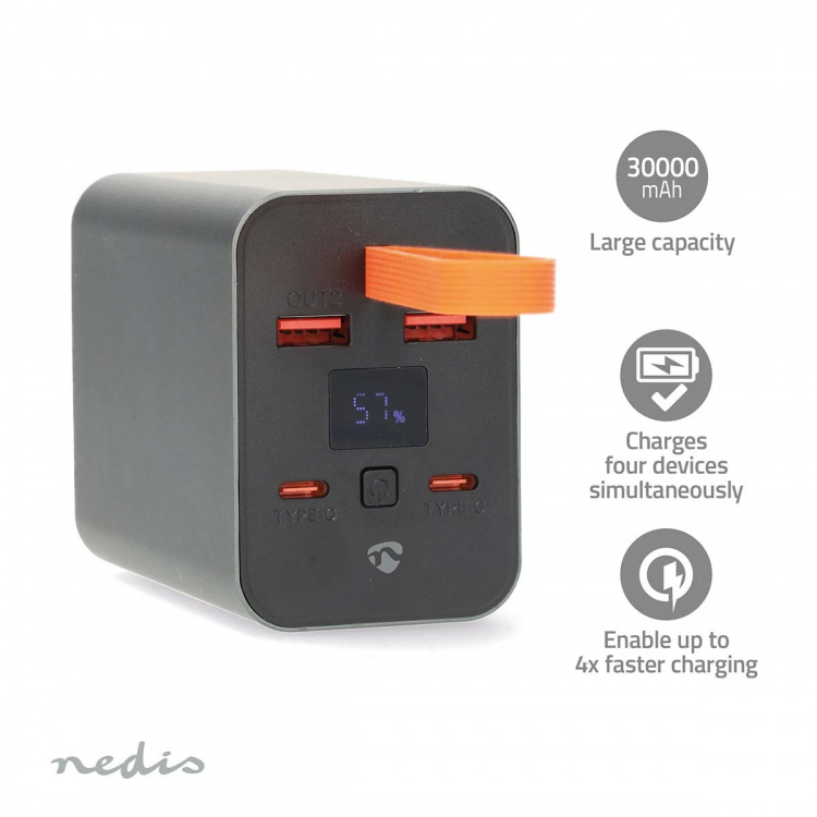 Nedis Powerbank | 30000 mAh | 1.5 / 2.0 / 3.0 / 5.0 A | Antal output: 4 | Output tilslutning: 2x USB-A / 2x USB-C™ | Input forbindels: 1x USB-C™ | PD3.0 100W / QC3.0 | Lithium-polymer | Display