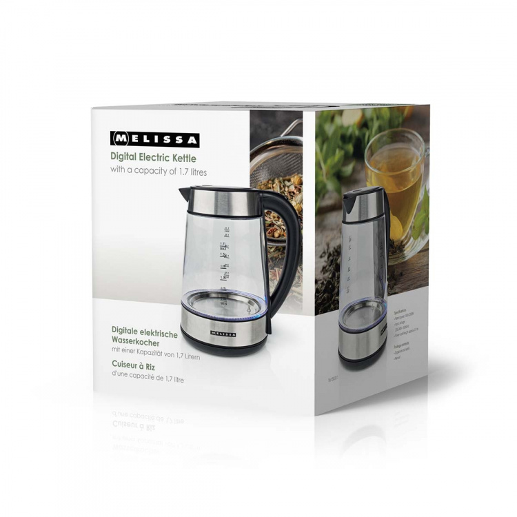 MELISSA Digital elkedel | 1,7 l | 2200 W | Glas | 50/70/80/90/100 °C Forudindstillinger | 360° pirouettebase | Skjult varmeelement | Strix®-controller | Hold-varm-funktion | Tørkogningsbeskyttelse