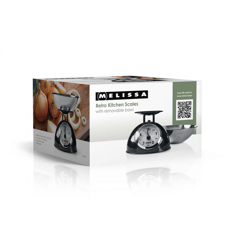MELISSA Retro køkkenvægt | analog | metalhus | aftagelig skål | maks. 5 kg | 25 grams intervaller | Sort