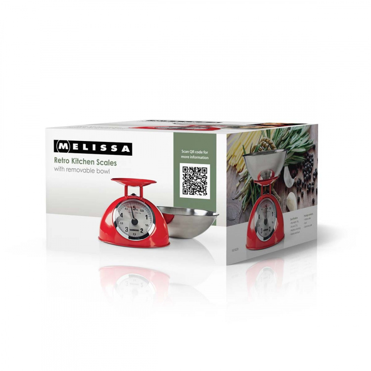 MELISSA Retro køkkenvægt | analog | metalhus | aftagelig skål | maks. 5 kg | 25 grams intervaller | Rød