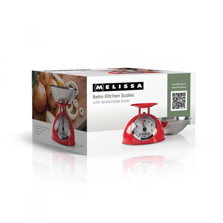 MELISSA Retro køkkenvægt | analog | metalhus | aftagelig skål | maks. 5 kg | 25 grams intervaller | Rød