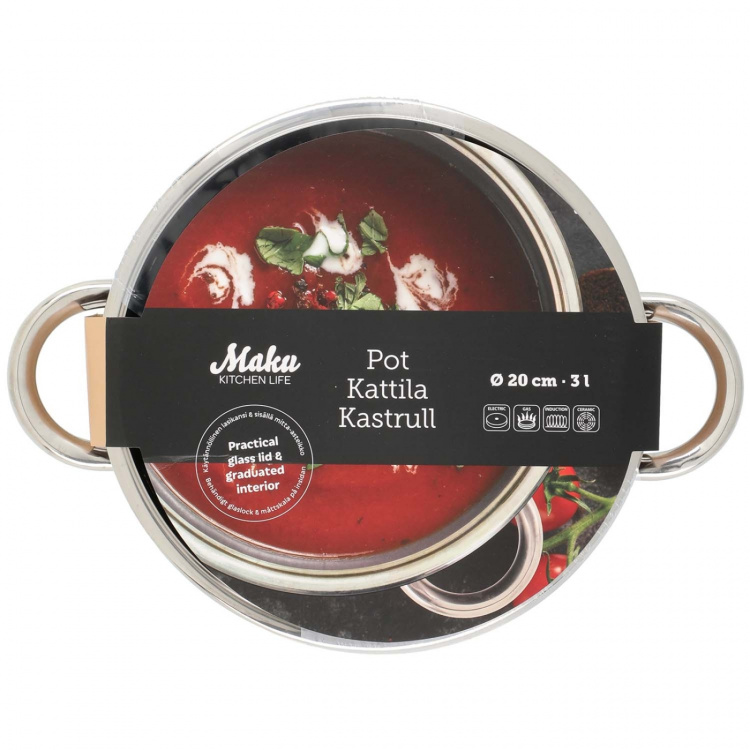 Maku Kastrull Basic i stål med glaslock 3 L