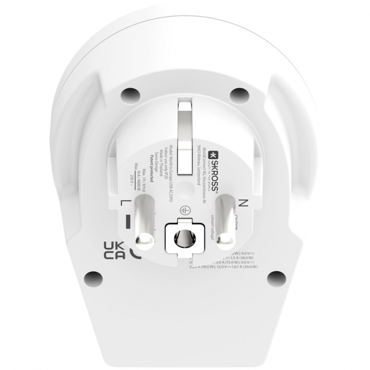 SKROSS Reseadapter Världen till Europa USB-A/USB-C 20W Jordad