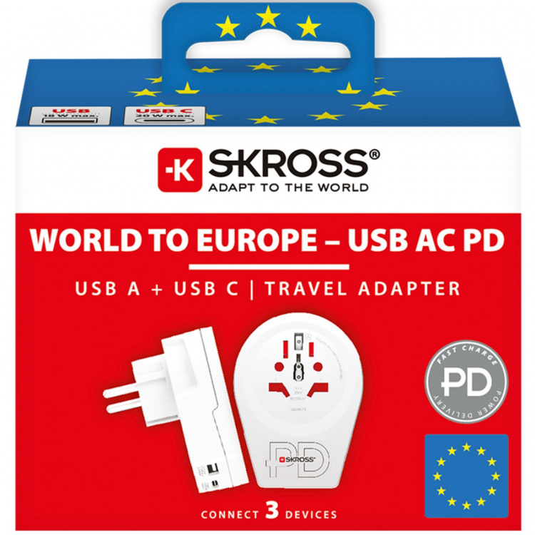 SKROSS Reseadapter Världen till Europa USB-A/USB-C 20W Jordad