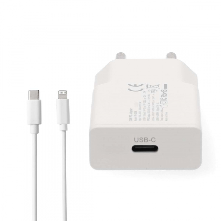 Nedis Vægoplader | 20 W | GaN | PD3.0 | Hurtigopladningsfunktion | 1.67 A / 2.22 A / 3.0 A | Antal output: 1 | USB-C™ | Lightning 8-Pin (Loose) kabel | 1.00 m | Automatisk Valgt Spænding | Hvid