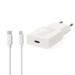 Nedis Vægoplader | 20 W | GaN | PD3.0 | Hurtigopladningsfunktion | 1.67 A / 2.22 A / 3.0 A | Antal output: 1 | USB-C™ | Lightning 8-Pin (Loose) kabel | 1.00 m | Automatisk Valgt Spænding | Hvid