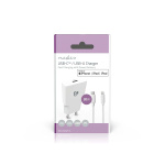 Nedis Vægoplader | 20 W | GaN | PD3.0 | Hurtigopladningsfunktion | 1.67 A / 2.22 A / 3.0 A | Antal output: 1 | USB-C™ | Lightning 8-Pin (Loose) kabel | 1.00 m | Automatisk Valgt Spænding | Hvid