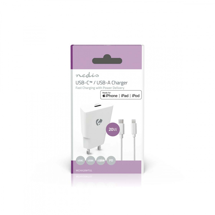 Nedis Vægoplader | 20 W | GaN | PD3.0 | Hurtigopladningsfunktion | 1.67 A / 2.22 A / 3.0 A | Antal output: 1 | USB-C™ | Lightning 8-Pin (Loose) kabel | 1.00 m | Automatisk Valgt Spænding | Hvid