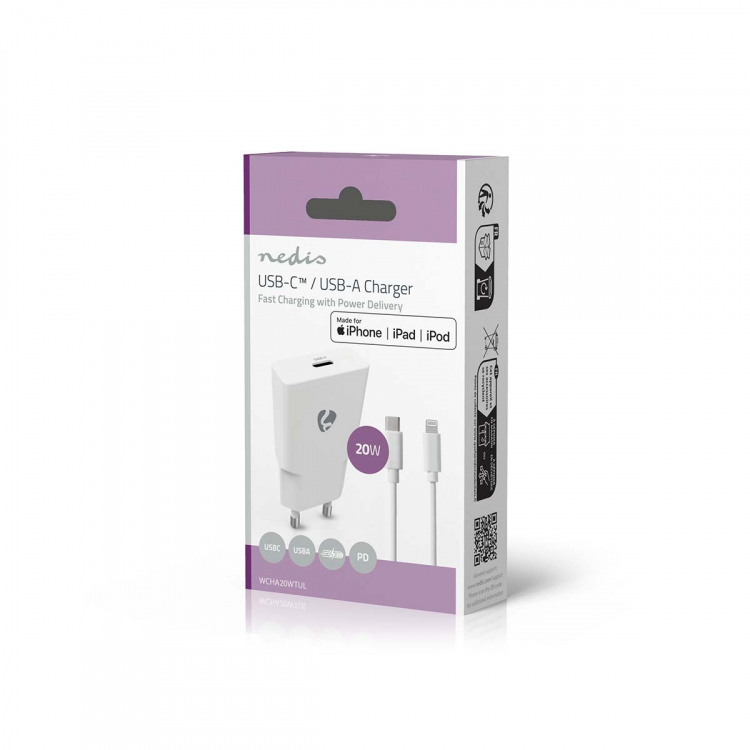 Nedis Vægoplader | 20 W | GaN | PD3.0 | Hurtigopladningsfunktion | 1.67 A / 2.22 A / 3.0 A | Antal output: 1 | USB-C™ | Lightning 8-Pin (Loose) kabel | 1.00 m | Automatisk Valgt Spænding | Hvid