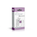 Nedis Vægoplader | 20 W | GaN | PD3.0 | Hurtigopladningsfunktion | 1.67 A / 2.22 A / 3.0 A | Antal output: 1 | USB-C™ | Lightning 8-Pin (Loose) kabel | 1.00 m | Automatisk Valgt Spænding | Hvid