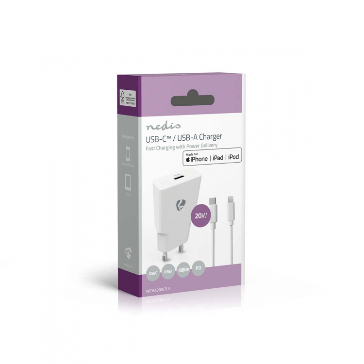 Nedis Vægoplader | 20 W | GaN | PD3.0 | Hurtigopladningsfunktion | 1.67 A / 2.22 A / 3.0 A | Antal output: 1 | USB-C™ | Lightning 8-Pin (Loose) kabel | 1.00 m | Automatisk Valgt Spænding | Hvid