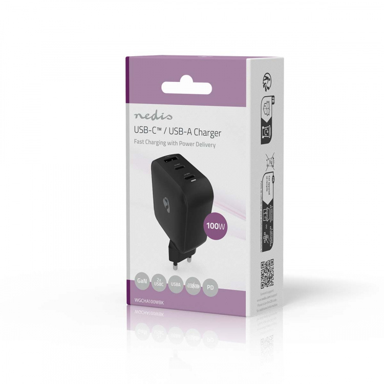 Nedis Vægoplader | 100 W | GaN | PD3.0 | Hurtigopladningsfunktion | 2.5 / 3.0 / 5.0 A | Antal output: 3 | USB-A / 2x USB-C™ | Automatisk Valgt Spænding | Sort Nedis Vægoplader | 100 W | GaN | PD3.0 | Hurtigopladningsfunktion | 2.5 / 3.0 / 5.0 A | Antal output: 3 | USB-A / 2x USB-C™ | Automatisk Valgt Spænding | Sort