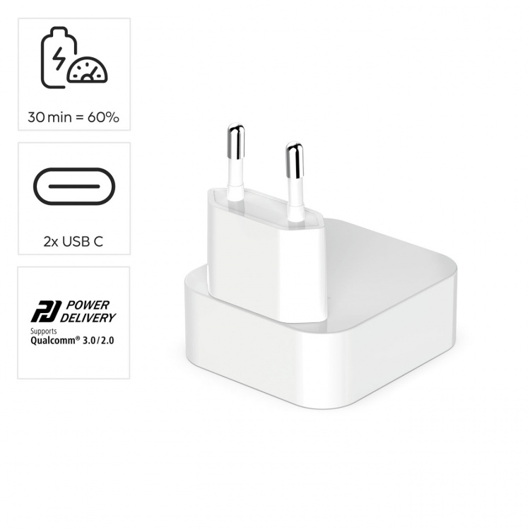 Hama Oplader 2xUSB-C GaN PD 40W Hurtig Sammenfoldelig Mini Hvid
