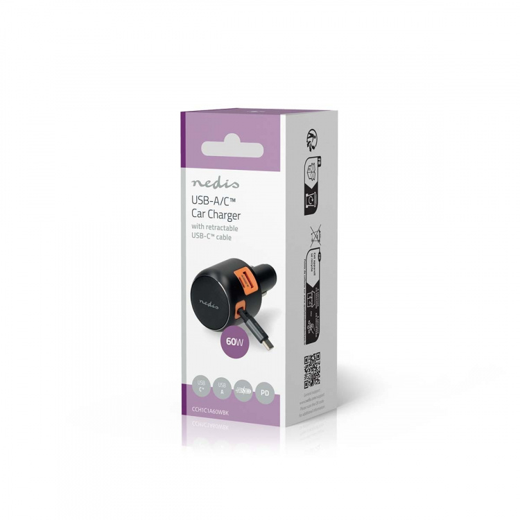 Nedis Biloplader | 60 W | 2.4 / 3.0 A | Antal output: 3 | Porttype: USB-A / USB-C™ | USB-C™ udtrækkeligt kabel | 0.70 m | Automatisk Valgt Spænding