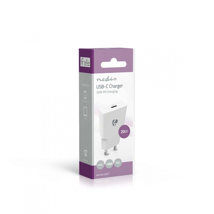 Nedis Vægoplader | 20 W | GaN | PD3.0 | 1.67 A / 2.22 A / 3.0 A | Antal output: 1 | USB-C™ | Automatisk Valgt Spænding | Hvid