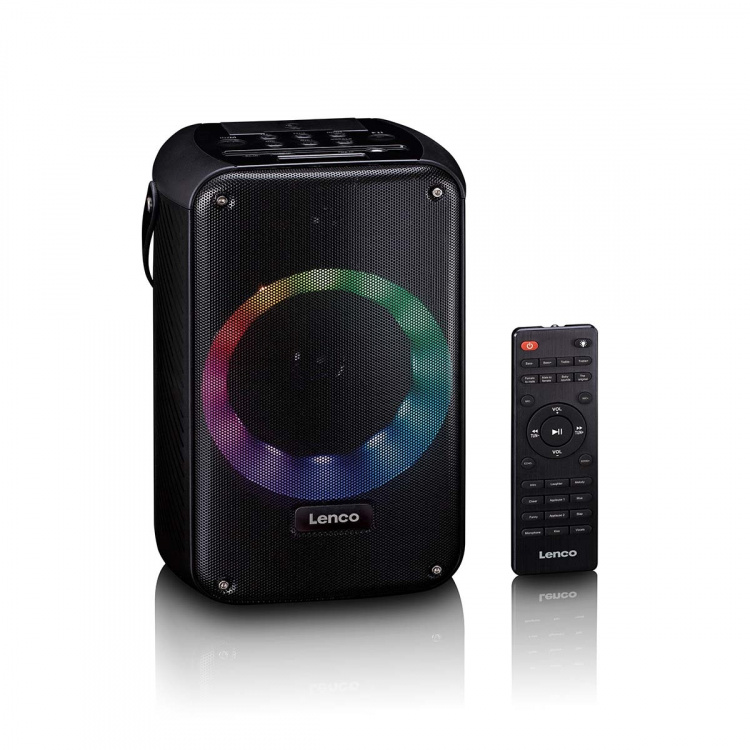 Lenco Karaokeanlæg med Bluetooth®, genopladeligt batteri, trådløs karaokemikrofon og disco-LED-belysning Sort