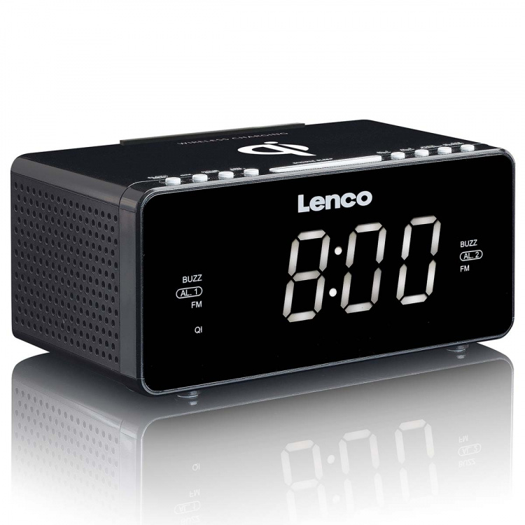 Lenco Stereo FM Clock Radio med USB og trådløs Qi-opladning af smartphone Sort Lenco Stereo FM Clock Radio med USB og trådløs Qi-opladning af smartphone Sort