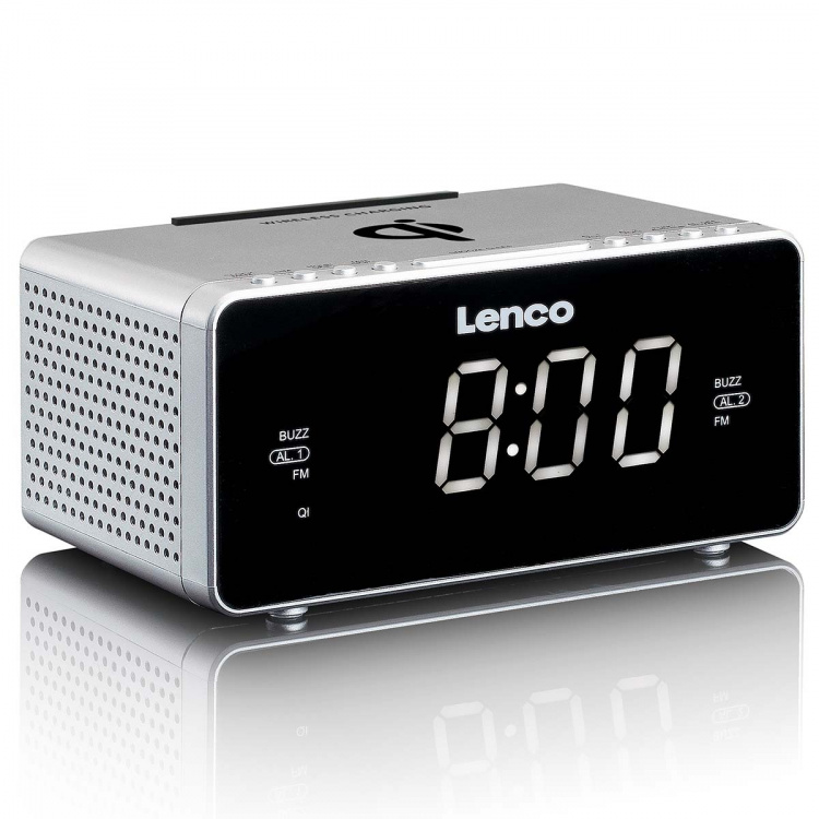 Lenco Stereo FM Clock Radio med USB og trådløs Qi-opladning af smartphone Sølv Lenco Stereo FM Clock Radio med USB og trådløs Qi-opladning af smartphone Sølv