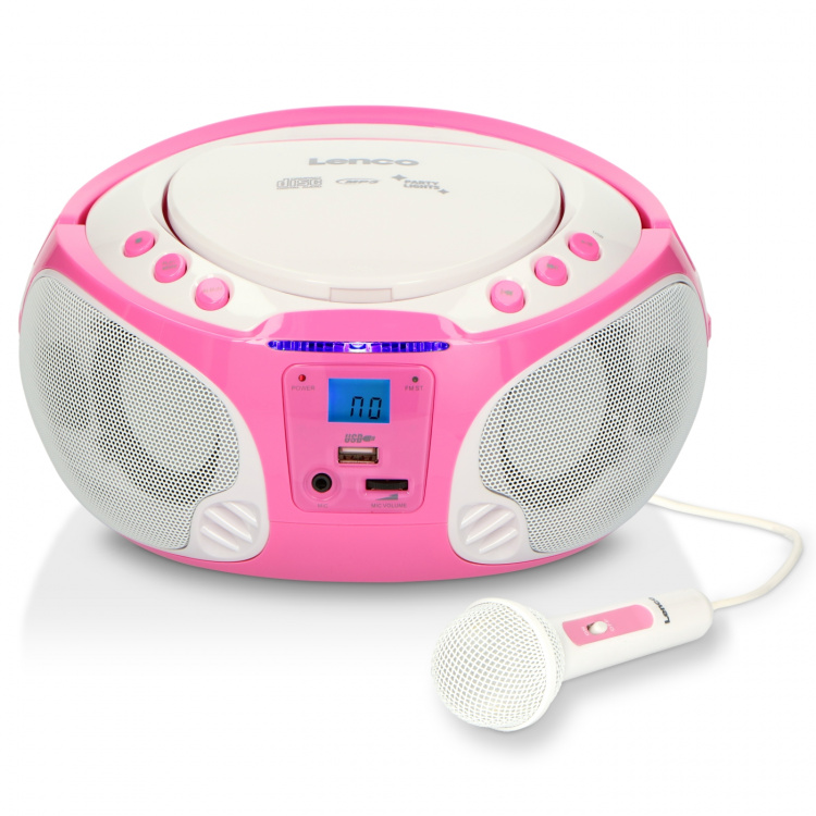 Lenco Bærbar FM-radio CD/MP3/USB-mikrofon og lyseffekter Pink