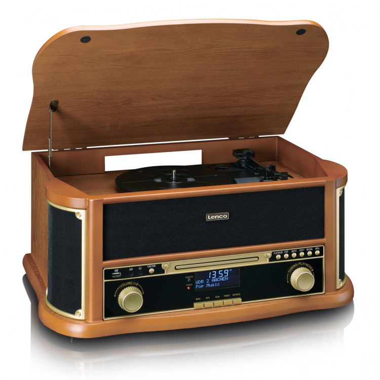 Lenco Retro-pladespiller i træ med Bluetooth®, DAB+/FM-radio, USB-kodning, cd-afspiller, kassetteafspiller og indbyggede højttalere Lenco Retro-pladespiller i træ med Bluetooth®, DAB+/FM-radio, USB-kodning, cd-afspiller, kassetteafspiller og indbyggede højttalere
