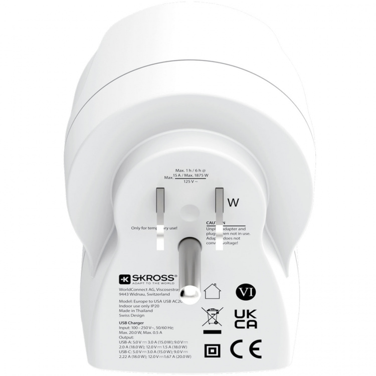 SKROSS Rejseadapter Europa til USA og andre USB-A/USB-C 20W PD med jordforbindelse SKROSS Rejseadapter Europa til USA og andre USB-A/USB-C 20W PD med jordforbindelse