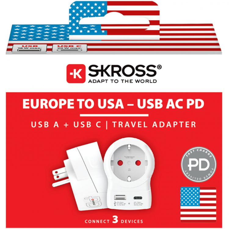 SKROSS Rejseadapter Europa til USA og andre USB-A/USB-C 20W PD med jordforbindelse SKROSS Rejseadapter Europa til USA og andre USB-A/USB-C 20W PD med jordforbindelse