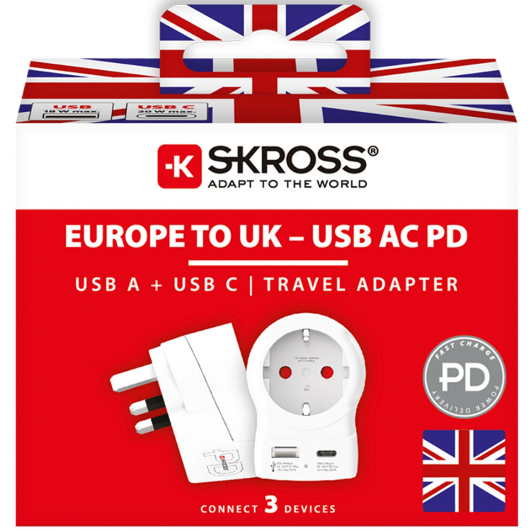 SKROSS Rejseadapter Europa til UK og andre USB-A/USB-C 20W PD med jordforbindelse SKROSS Rejseadapter Europa til UK og andre USB-A/USB-C 20W PD med jordforbindelse