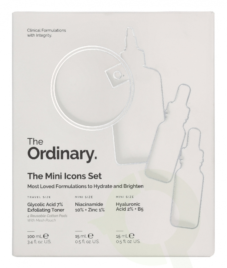 The Ordinary The Mini Icons Set 130 ml Glycolic Acid Exfoliating Toner 100ml/Niacinamide 15ml/Hyaluronic Acid 15ml/4 Cotton Pads/Mesh Pouch