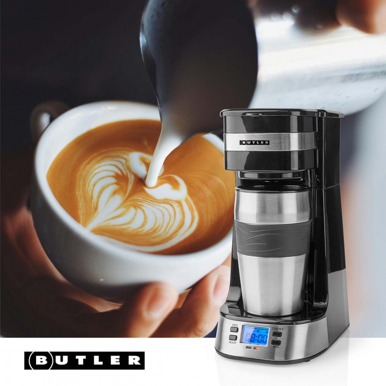 Butler Kaffebryggare för en portion | 0,4 l | 750 W | Timerfunktion | Isolerad resemugg | Automatisk avstängning | LCD-display | Svart