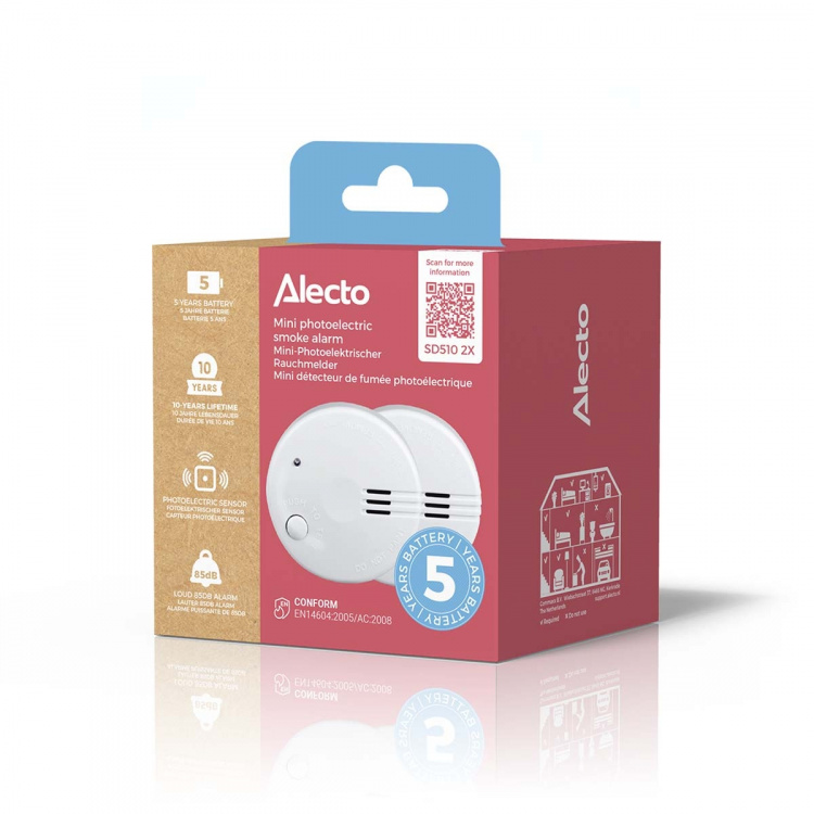 Alecto Mini-røgalarm med 5 års batteri 2-pak Hvid