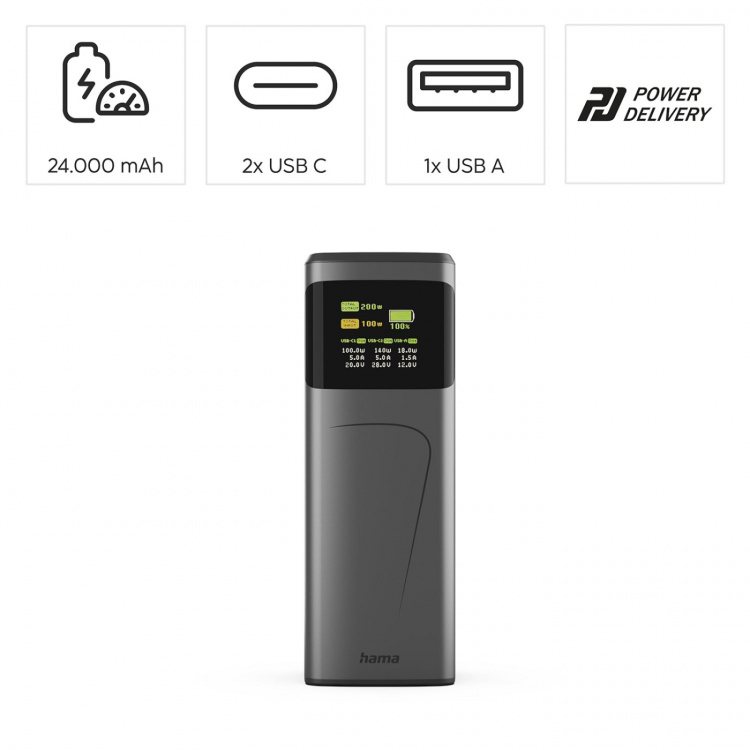 Hama Powerbank 24000mah 2xUSB-C 1xUSB-A 200W Hurtig Opladning